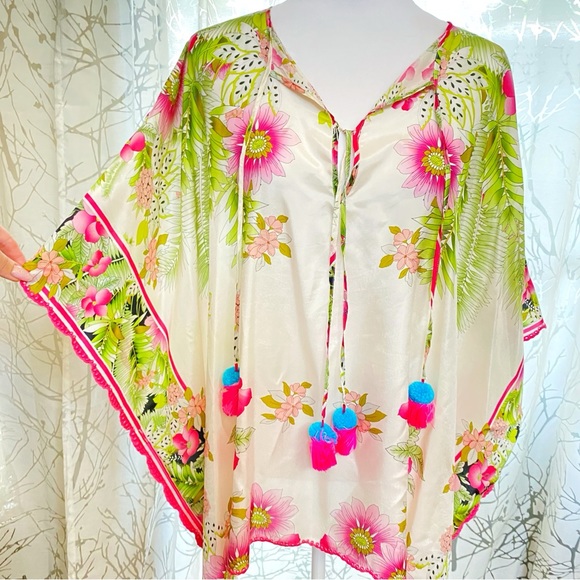 JOHNNY WAS white pink green floral print GALORE TASSEL TIE SILK PONCHO top - Picture 2 of 13